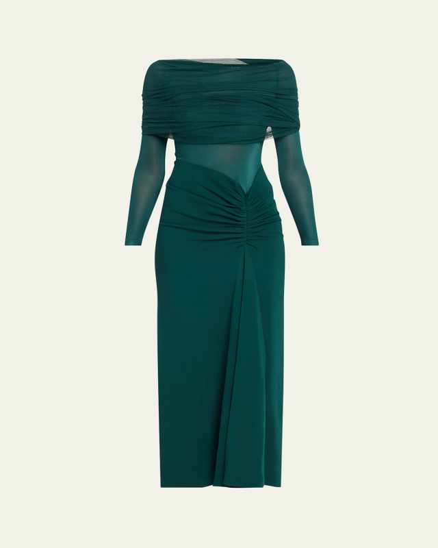 Sonora Veiled Ruched Off-Shoulder Dress